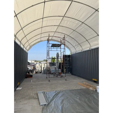 Kontejnerové zastřešení 6x12 m se zadní stěnou PVC 900 g/m²