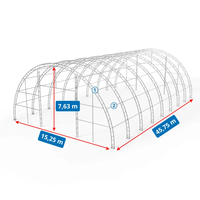 Zakřivená stanová hala 15,25x45,75m PVC 750g/m2