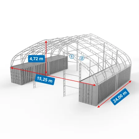 Střecha kontejneru 15,25x24m se stěnami z PVC 750g/m2